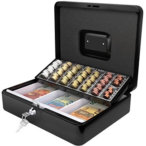 ACROPAQ Geldkassette - Abschließbar, Groß - Kasse mit Münzzählbrett - 24 x 30 x 9 cm - Schwarz - 10005K
