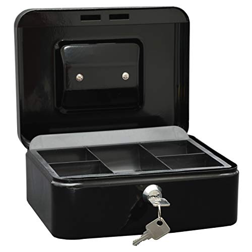 Wedo 145221X Geldkassette (aus pulverbeschichtetem Stahl, versenkbarer Griff, 5-Fächer-Münzeinsatz, Sicherheits-Zylinderschloss, 20 x 16 x 9 cm) schwarz